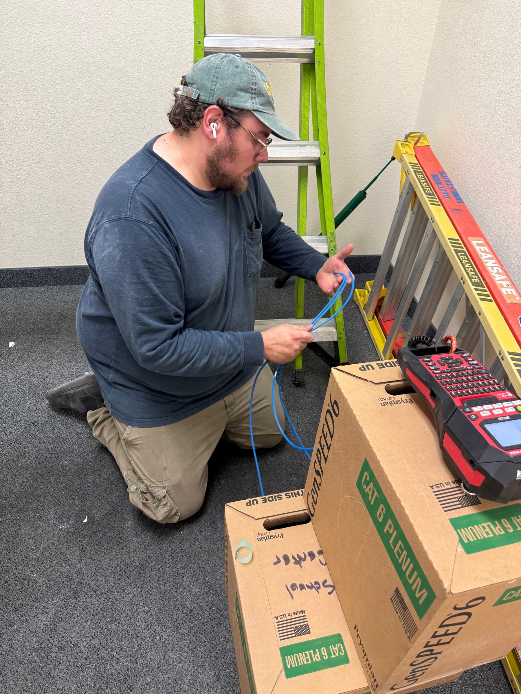 Commercial network cable staging and field tools during low-voltage work
