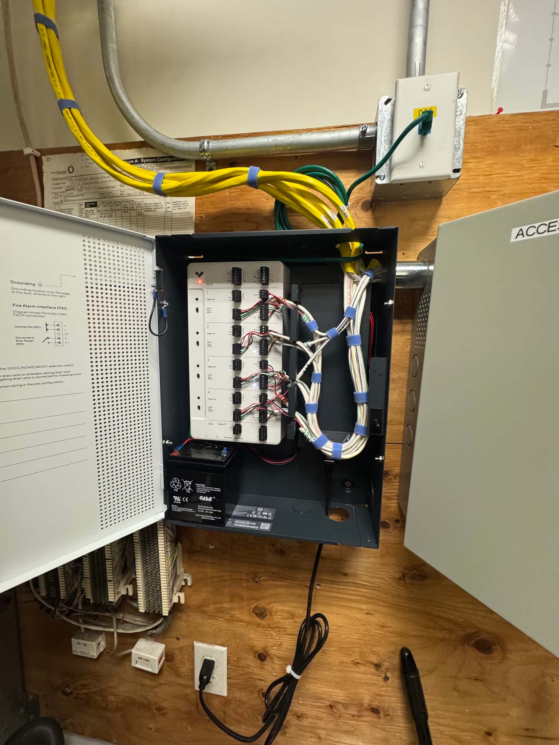 Commercial access control power supply with organized wiring and backup batteries