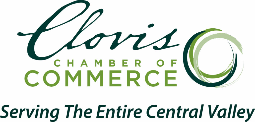 Logo of the Chamber of Commerce featuring a stylized cityscape in shades of green and dark teal, with the words "Chamber of Commerce" integrated into the building shapes. Below, the slogan "Serving The Entire Central Valley" appears in bold, italicized text.